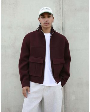 Bershka Felt Texture Boxy-fit Jacket With Zip - Brown