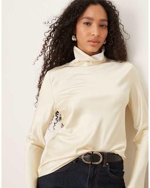 Mango Capsule High Neck Long Sleeve Satin Top - Natural