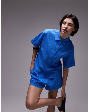 SNDY'S Linen Blend Short Sleeve Flower Applique Detail Shirt Co-ord - Blue