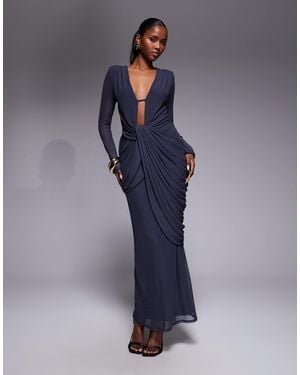 ASOS Mesh Deep Plunge Long Sleeve Midi Dress With Draping - Blue
