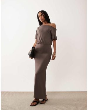 ASOS Off Shoulder Blouson Midi Dress - Natural