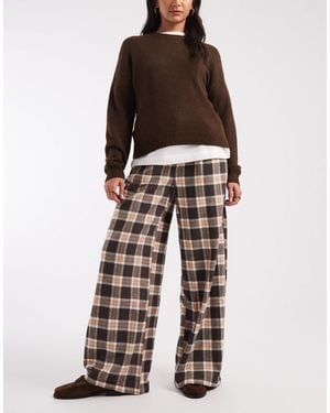 Object Wide Leg Textured Check Pants - Brown
