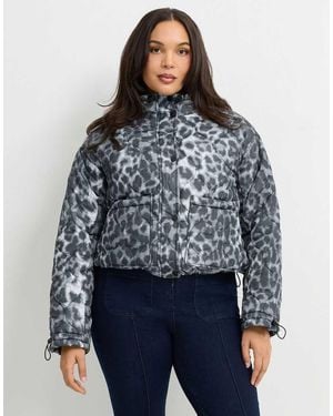Yours Clothing Leopard Puffer Jacket - Blue