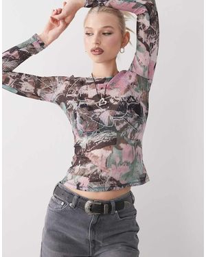 Monki Top Trasparente A Maniche Lunghe Mimetico A Coste - Grigio