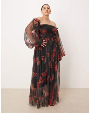 Lace & Beads Plus Off Shoulder Balloon Sleeve Tulle Maxi Dress - Multicolor