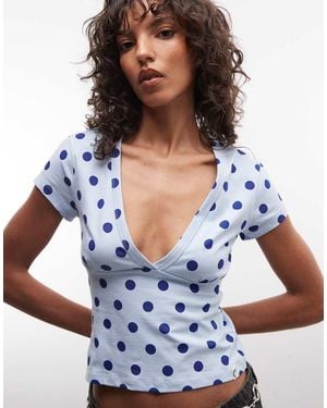 Collusion Deep V Neck Capped Sleeve Top - Blue