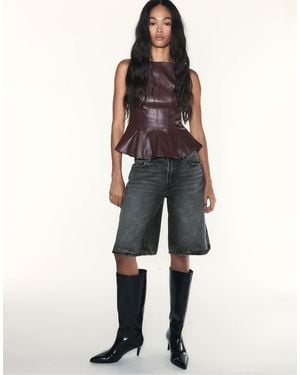 Stradivarius Sleeveless Leather-Effect Peplum Top - Blue