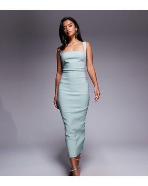 Vesper Petite Vestido Semilargo Verde Con Escote Cuadrado Y Espalda Ancha De Bengalina De - Azul