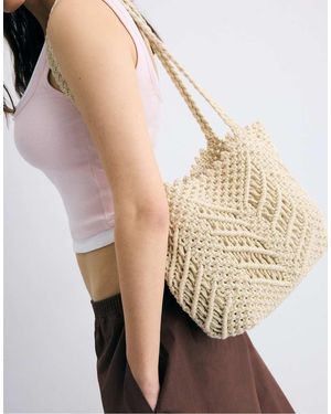 Stradivarius Metallic Thread Crochet Shopper Bag - Natural