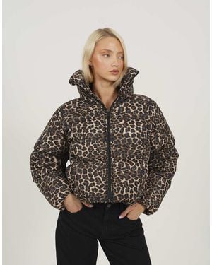 Brave Soul Leopard Print Short Puffer Jacket With Oversized Collar - Grey