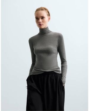 Oysho Base Layer High-Neck Striped Rib T-Shirt - Grey
