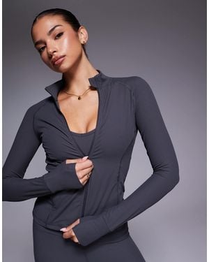 4505 Ribbed Sculpting Zip Up Long Sleeve Jacket - Blue