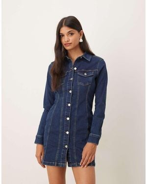 ASOS Denim Long Sleeve Fitted Shirt Mini Dress - Blue