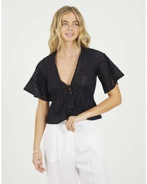 Brave Soul Cotton Broidery V-Neck Short Sleeve Top - Blue