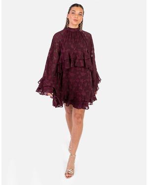 ANAYA Floral Burnout High Neck Ruffle Sleeve Shift Mini Dress - Red
