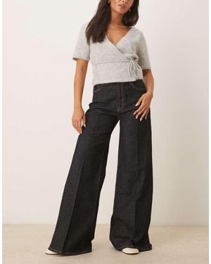 Mango Katoenen Jeans Met Wijde Pijpen En Plooien Aan De Voorkant - Zwart