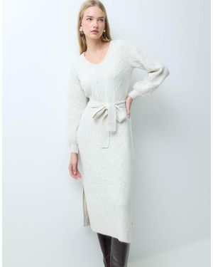 Vila Vestido Largo Beis Jaspeado Con Lazada En La Cintura De Punto De Ochos-Neutro - Multicolor