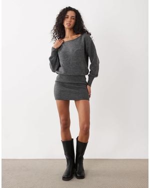 Cotton On Robe tunique en maille à manches longues et épaules dénudées en chiné - Gris