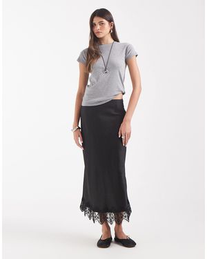 Vero Moda Satin Midi Skirt With Lace Detail Hem - White