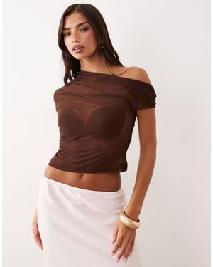 ASOS Sheer Mesh Ruched One Shoulder Asymmetric Top - Brown