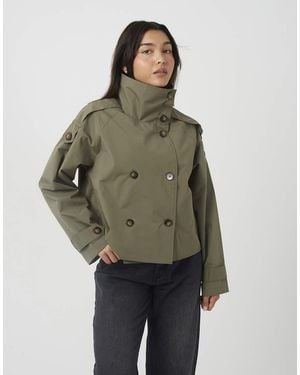 Brave Soul Oversized Collar Short Double Breasted Mac - Green
