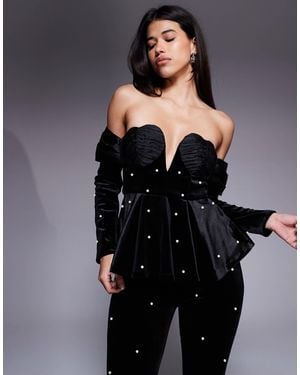 ASOS Velvet Off The Shoulder Pearl Detail Top With Heart Detail - Black