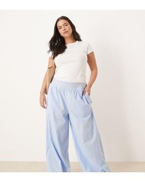 ASOS Curve Linen Blend Pull-on Wide Leg Trousers With Shirred Contrast Waist Detail - Blue