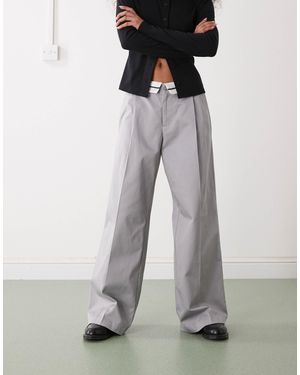 Monki Wide Leg Twill Trousers With Fold Over Waist - Grey
