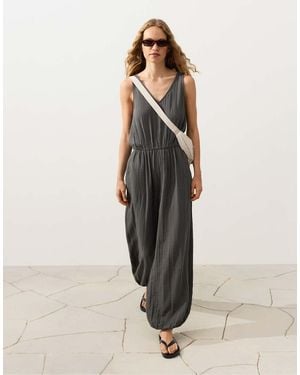Oysho 100% Cotton Long Jumpsuit - Natural