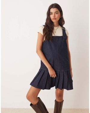 Miss Selfridge Pleated Denim Drop Waist Pinny - Blue