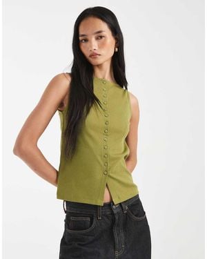 New Look Boat Neck Button Through Tank Top - Green
