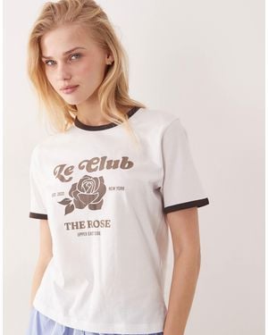 JJXX Ringer Tee With Rose Print - Natural