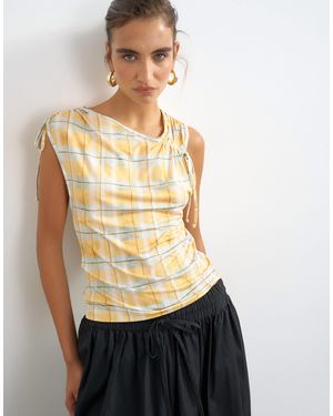 TOPSHOP Check Mesh Ruched Detail Top - Natural