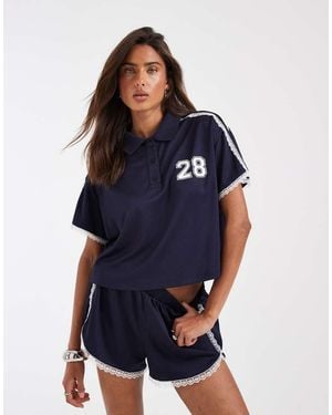 ASOS Tricot Sporty Polo Top With Lace Detail - Blue