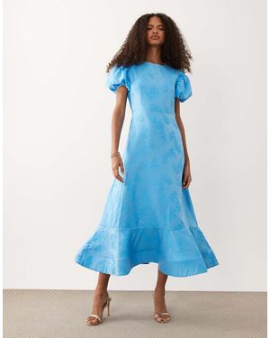 Sister Jane Midi Jurk Van Jacquard Met Pofmouwen En Gestructureerde Zoom - Blauw