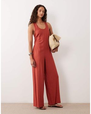 ASOS Mono Largo De Pernera Ancha Con Detalle Retorcido En La Espalda De -Caoba - Rojo