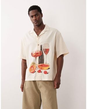 ASOS Oversized Seersucker Shirt With Placement Print - Natural