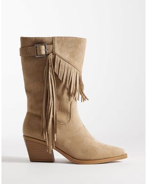 SEQWL Wide Fit Western Knee Boots With Buckle And Fringing - Brown