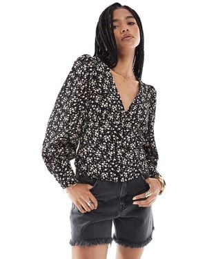 Glamorous V-Neck Button Front Blouse - Black