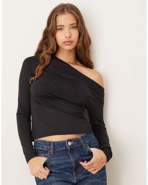 Gina Tricot Asymmetric Top With Rhinestone Flower Detail - Black