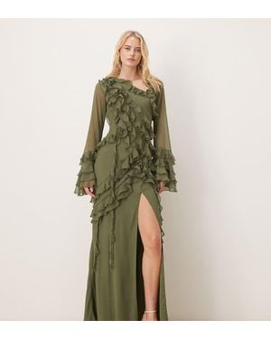 ASOS Asos Design Tall Chiffon Long Sleeve Asymmetric Tiered Soft Ruffle Maxi Dress - Green