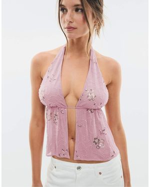 Stradivarius Embroidered Halter Top With Rhinestones - White