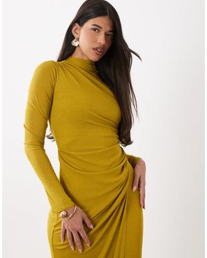 ASOS Ruched Mesh High Neck Long Sleeve Midi Dress - Yellow