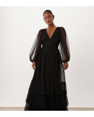 LACE & BEADS Bridesmaid Tulle Sheer Sleeve Plunge Neck Tiered Maxi Dress - Black
