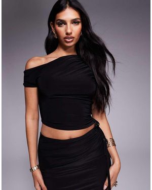 Kaiia Exclusive Double Layered Slinky Ruched Off Shoulder Drawstring Crop Top Co-ord - Black