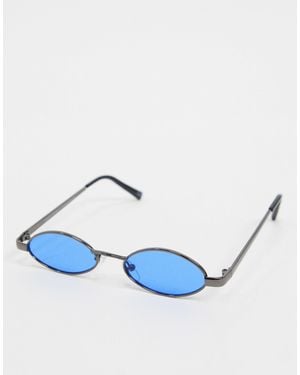 ASOS Mini Oval Sunglasses With Blue Lens - Gray