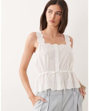 Nobody's Child Elena Cotton Square Neck Broderie Detail Tie Waist Cami Top - White