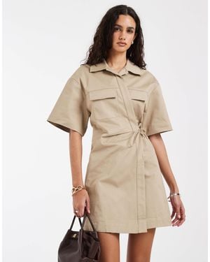 blurred lines midi dress Olea Sky Blue Striped Cotton Poplin Ruched Midi Dress