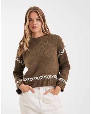 ONLY Contrast Details Round Neck Sweater - Brown