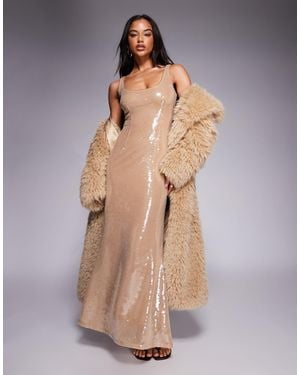 Aria Cove Sequin Scoop Neck Fishtail Hem Maxi Dress - Natural